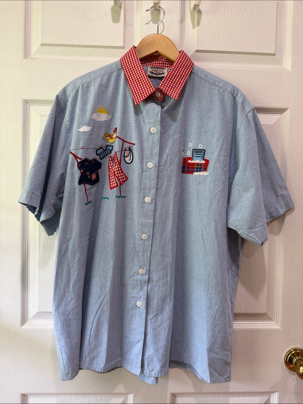 Vintage Women's size 20 Chambray Top with Red Checked Collar